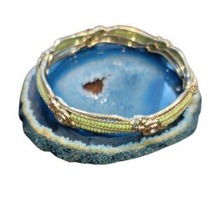 Gold & Green Bangle Bracelet w CZ Accents Beaded